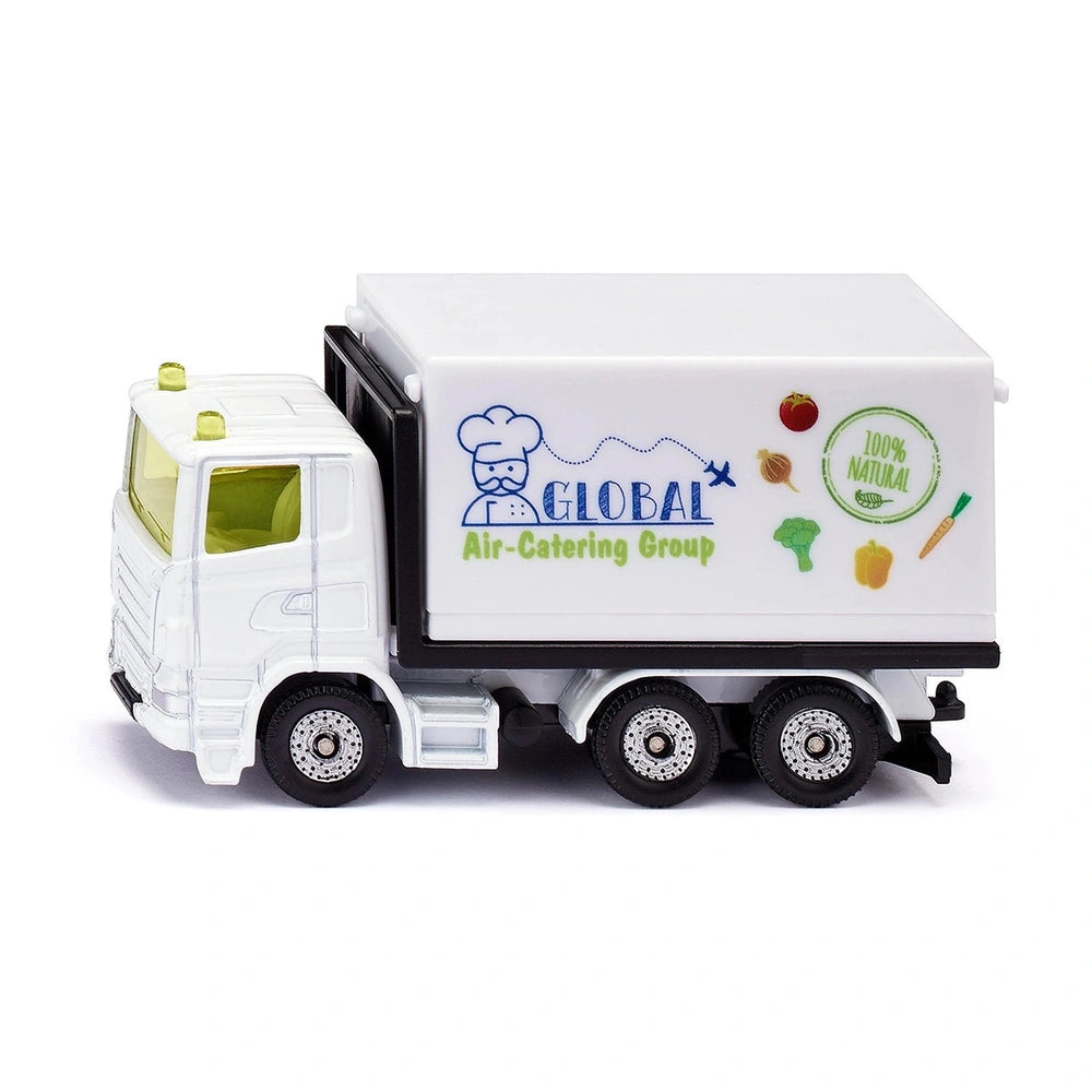 White toy truck with black trailer, featuring a blue logo and text for a catering group, set against a light background.