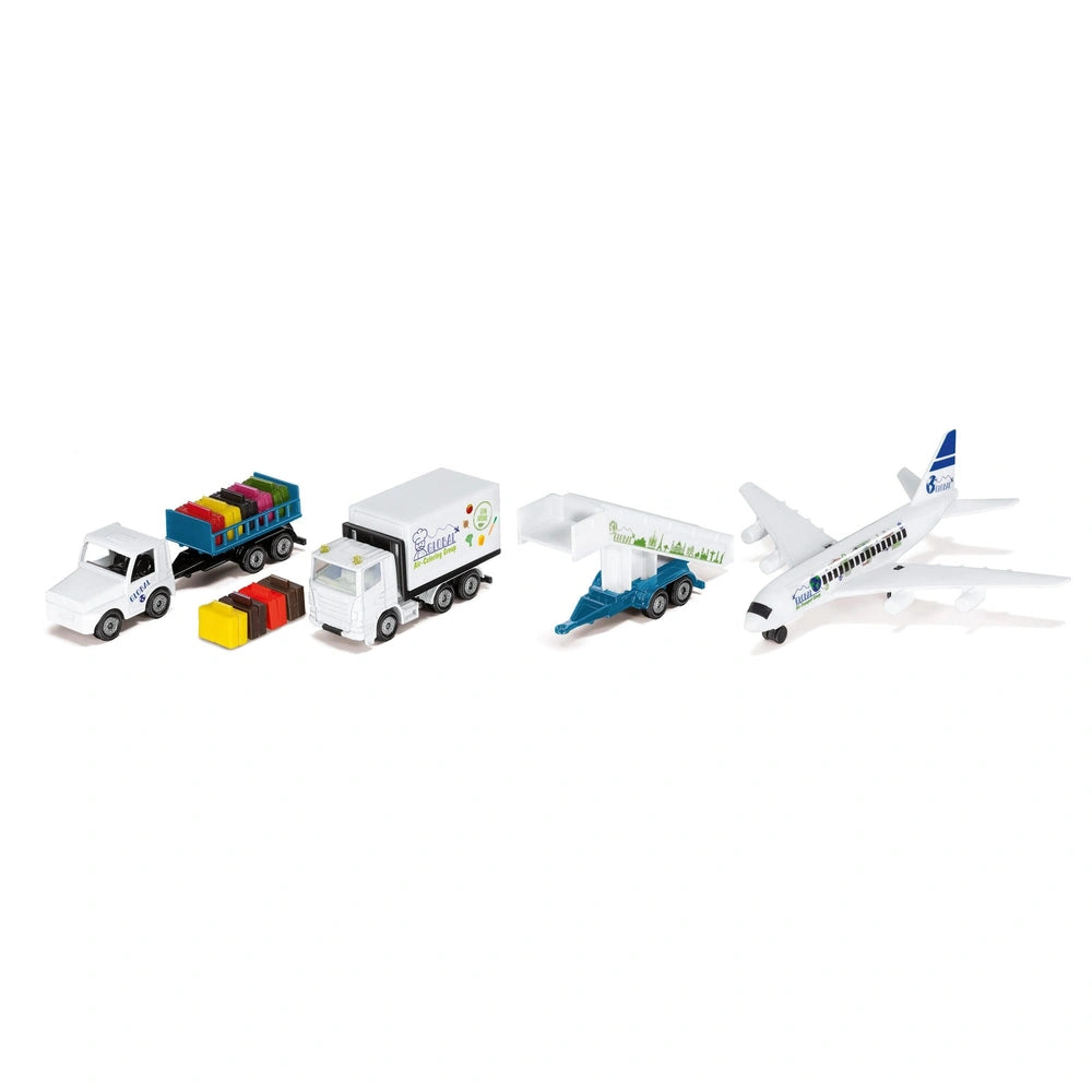 Siku Airport set features a collection of colorful toy vehicles and aircraft arranged on a smooth, white background.