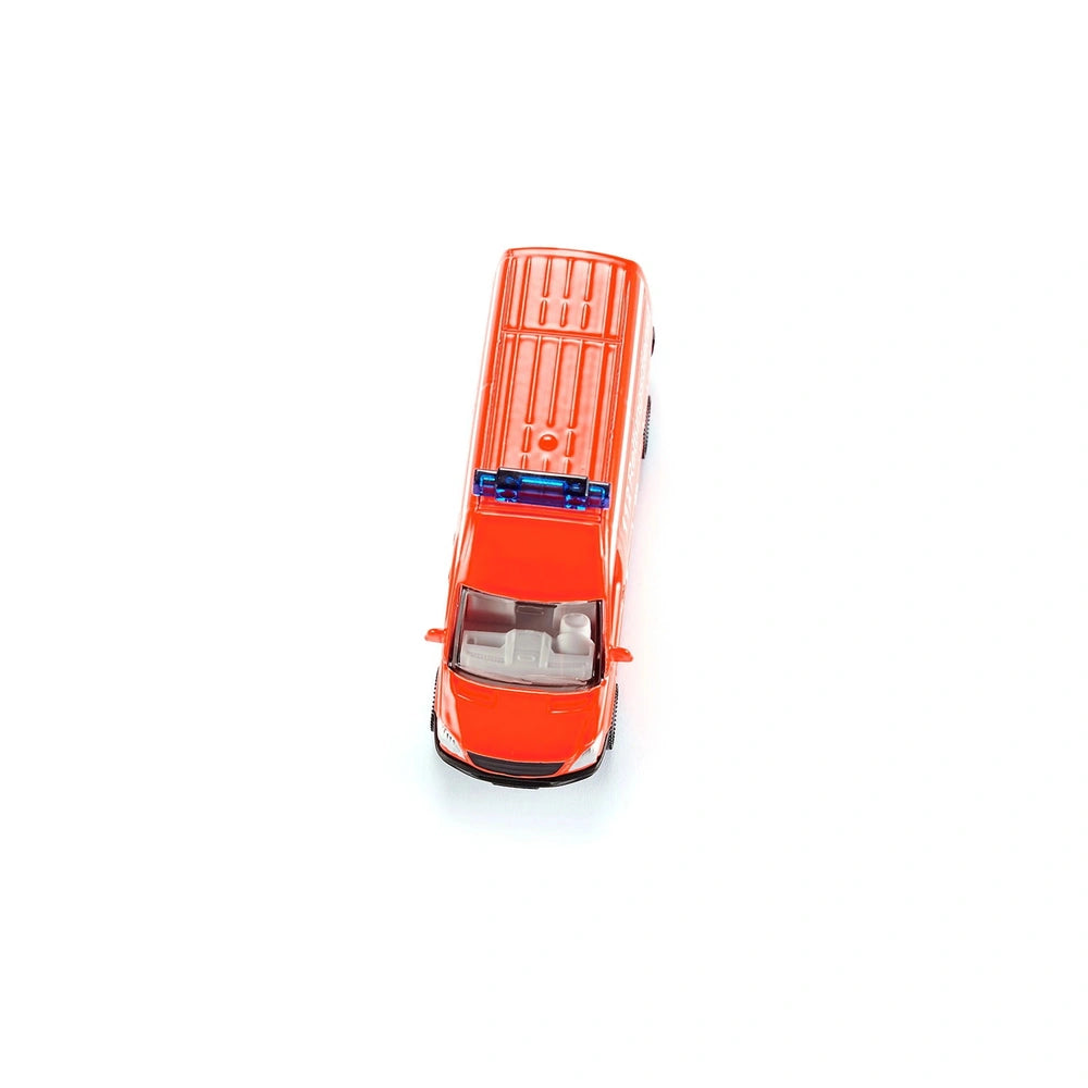 Bright orange toy ambulance with a roof rack and smooth surface, displayed against a light background.