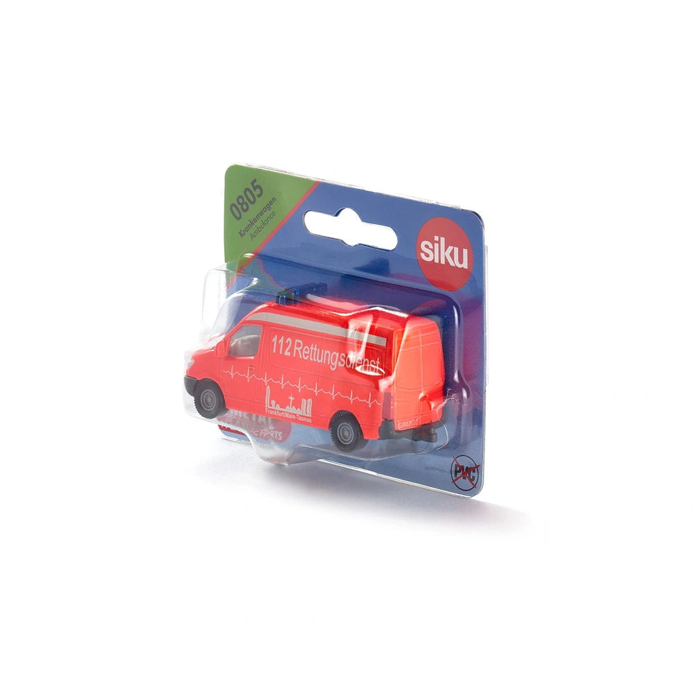 Siku ambulance toy truck in red with white and black details, glossy finish, positioned against a white background.