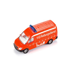 Siku ambulance toy vehicle in orange with white and red accents, featuring a blue light and "112 Rettungsdienst" text.