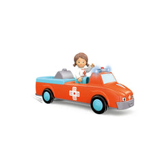 Toy car with a red body, blue roof, glossy finish, and a small figure inside, featuring a simplistic design.