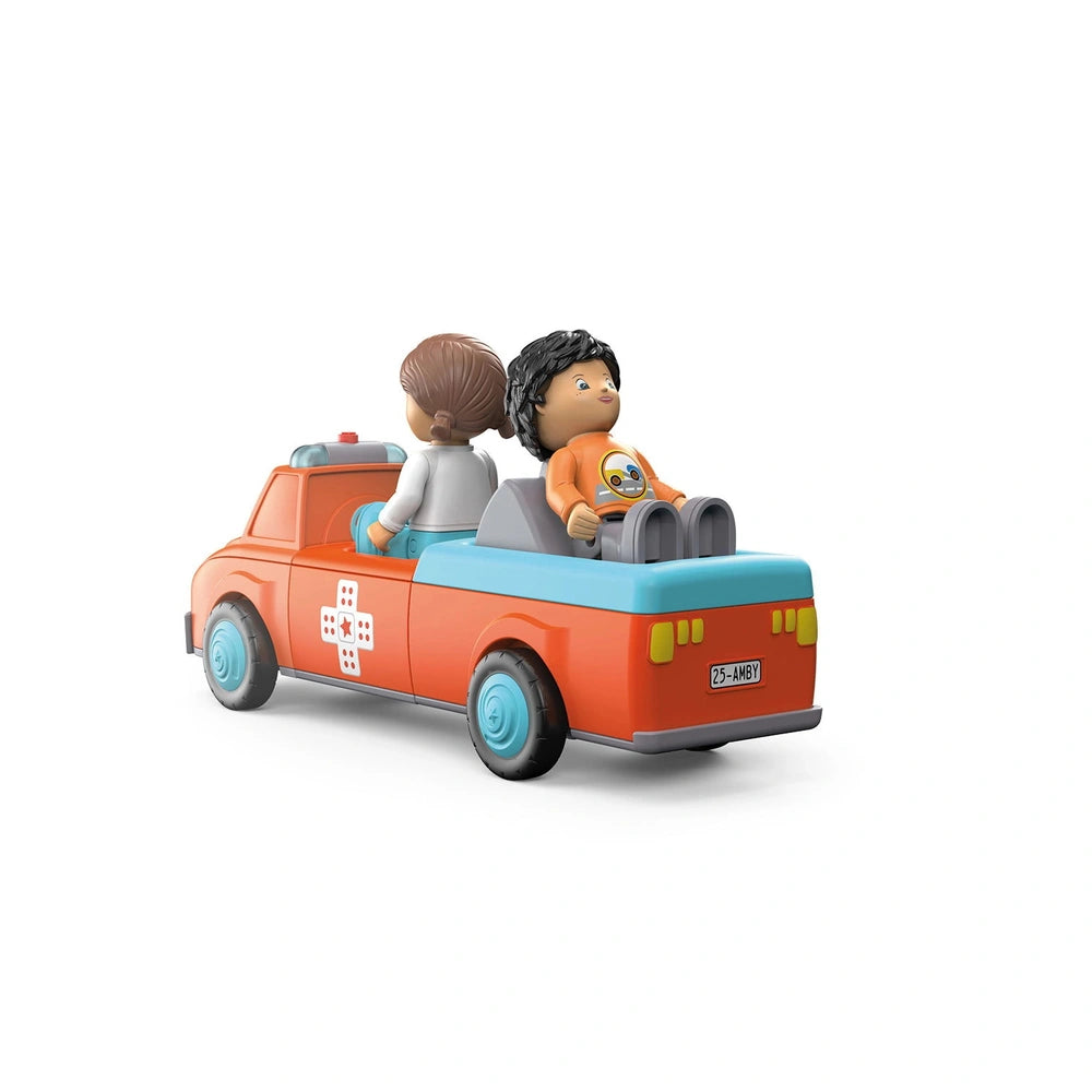 Toy truck in bright orange with blue accents and two figures seated in the back, featuring a license plate that reads "25-AMB