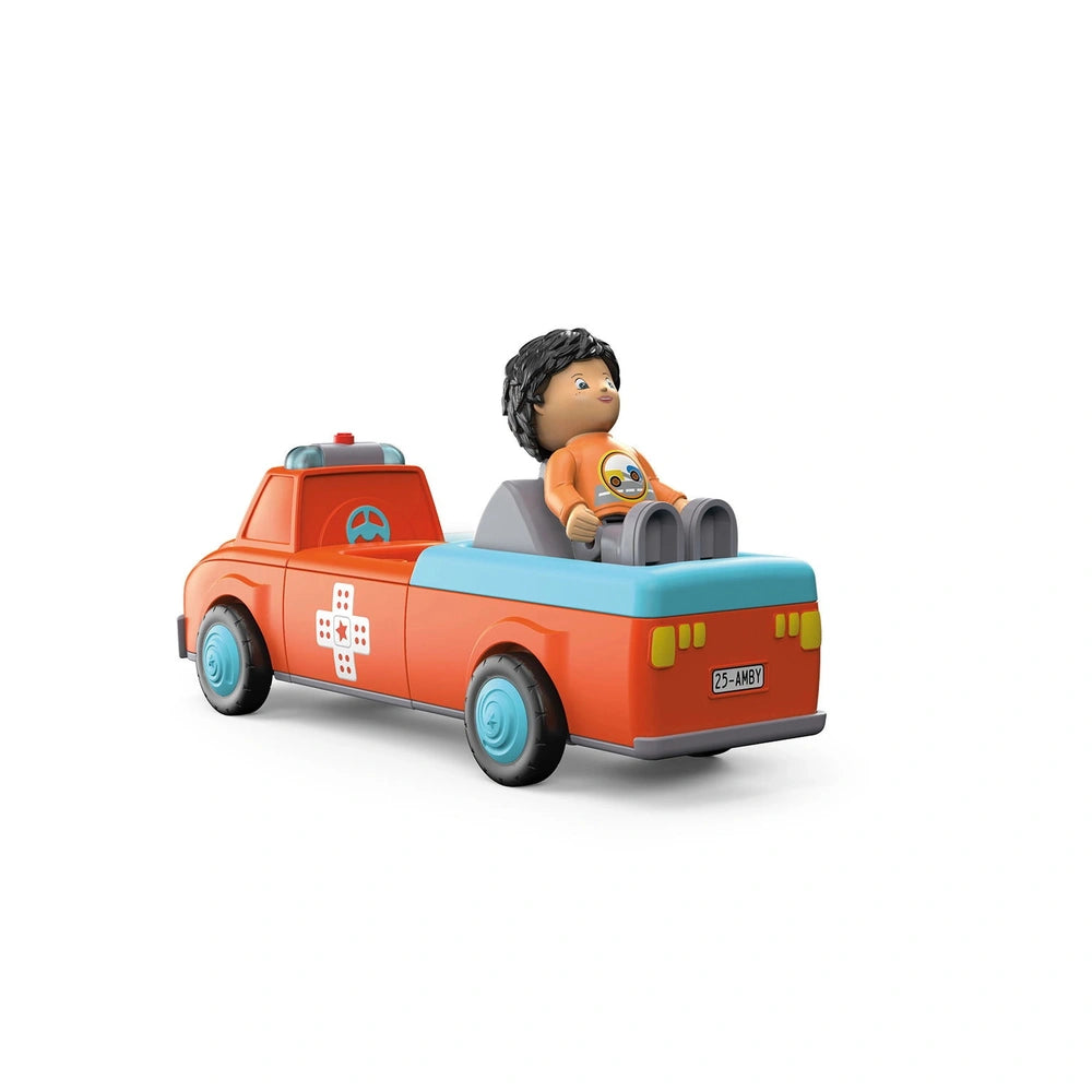 Siku toy truck in orange with blue stripe carries a stylized character in an orange shirt, featuring a license plate "25-AMBY