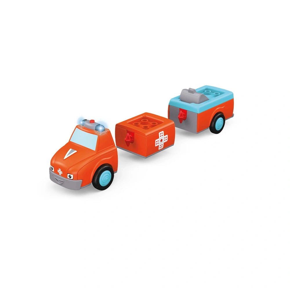 Siku Anna Amby play vehicles in orange and blue with glossy finishes and red lights on top, side, and back.