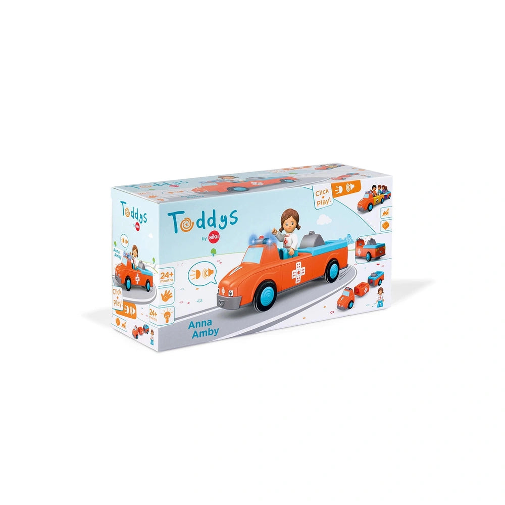 the vibrant packaging for the Siku Anna Amby play vehicles featuring a child driving an orange toy car against a bright sky.