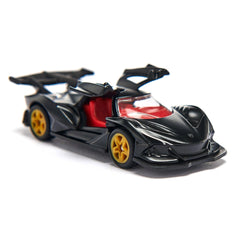 Siku Apollo IE toy car features a glossy black body with red accents and yellow wheels, showcasing a convertible design.