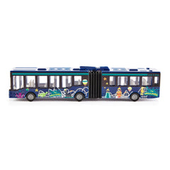 Articulated bus toy features a vibrant blue design with amusement park attractions and "Park & Ride" text on its side.