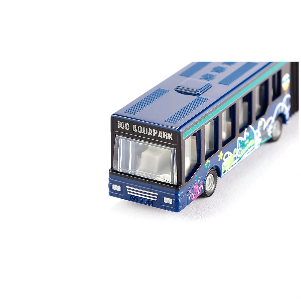Articulated bus model in blue and green with shiny surface, detailed components, and "100 AQUAPARK" text on the front.