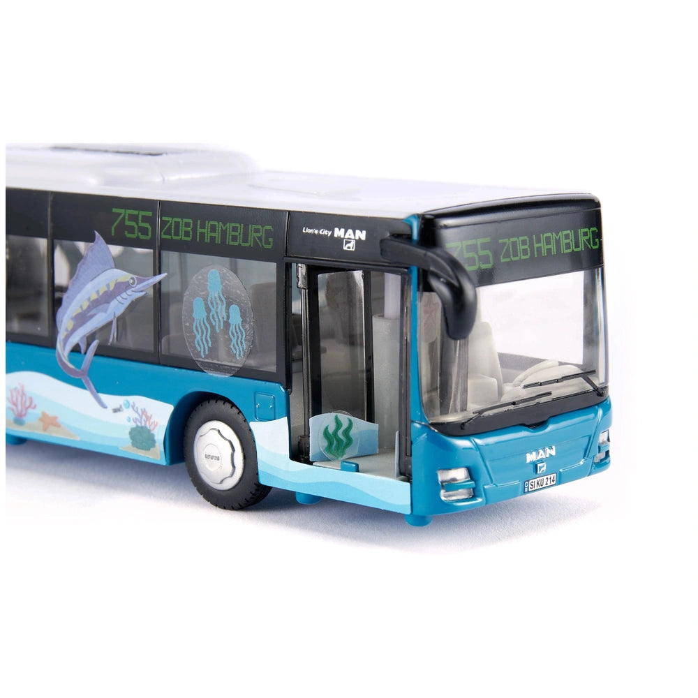 a blue and white articulated bus model featuring decorative fish and plants, with clear windows and rubber-like wheels.