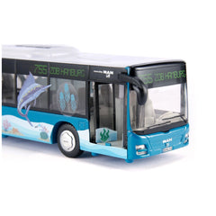 a blue and white articulated bus model featuring decorative fish and plants, with clear windows and rubber-like wheels.
