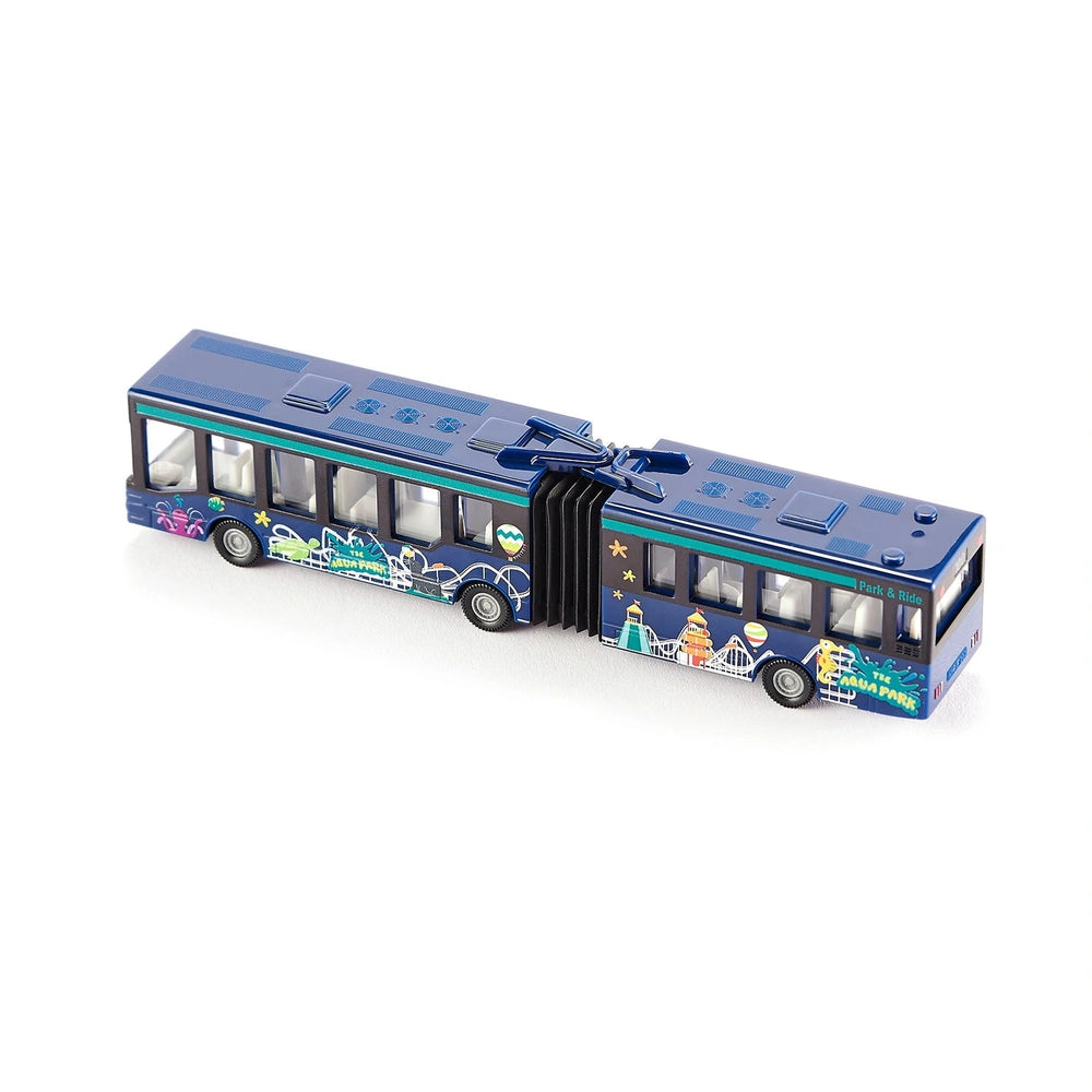 Articulated toy bus in blue with a darker roof, green stripe, clear windows, and decorative elements like stars.