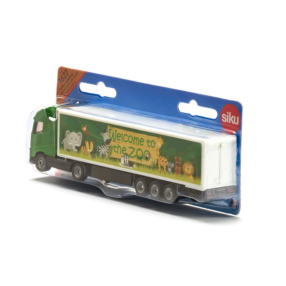 Articulated toy truck in green and white with zoo illustration, packaged in blue cardboard with SIKU branding.