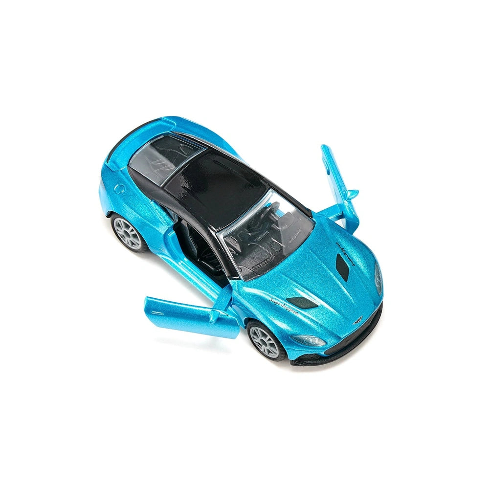 Siku Aston Martin DBS Superleggera toy car in blue with glossy finish, sleek design, and detailed features.