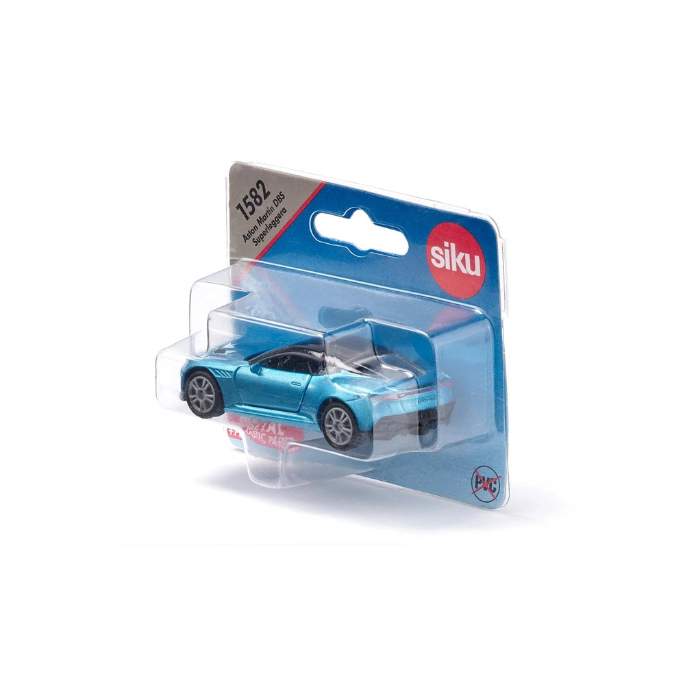 Aston Martin DBS Superleggera toy car in blue packaging with a clear blister pack and a white cardboard insert.