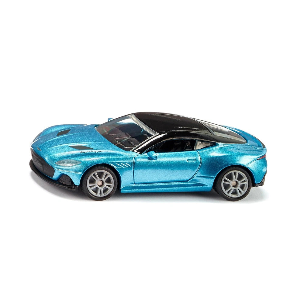 Siku Aston Martin DBS Superleggera toy car in blue with black accents, featuring a sleek design and shiny metallic finish.
