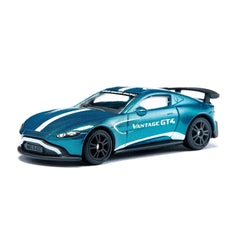 Aston Martin Vantage GT4 toy car in metallic blue with white stripes, featuring a sleek design and tinted windows.