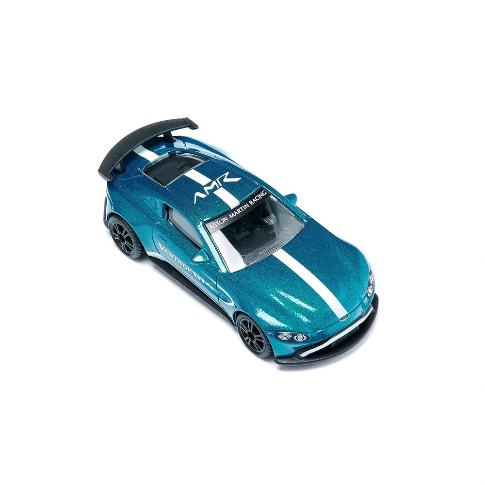 Aston Martin Vantage GT4 model car in blue with white stripes, featuring a glossy finish and clear windows against a light ba