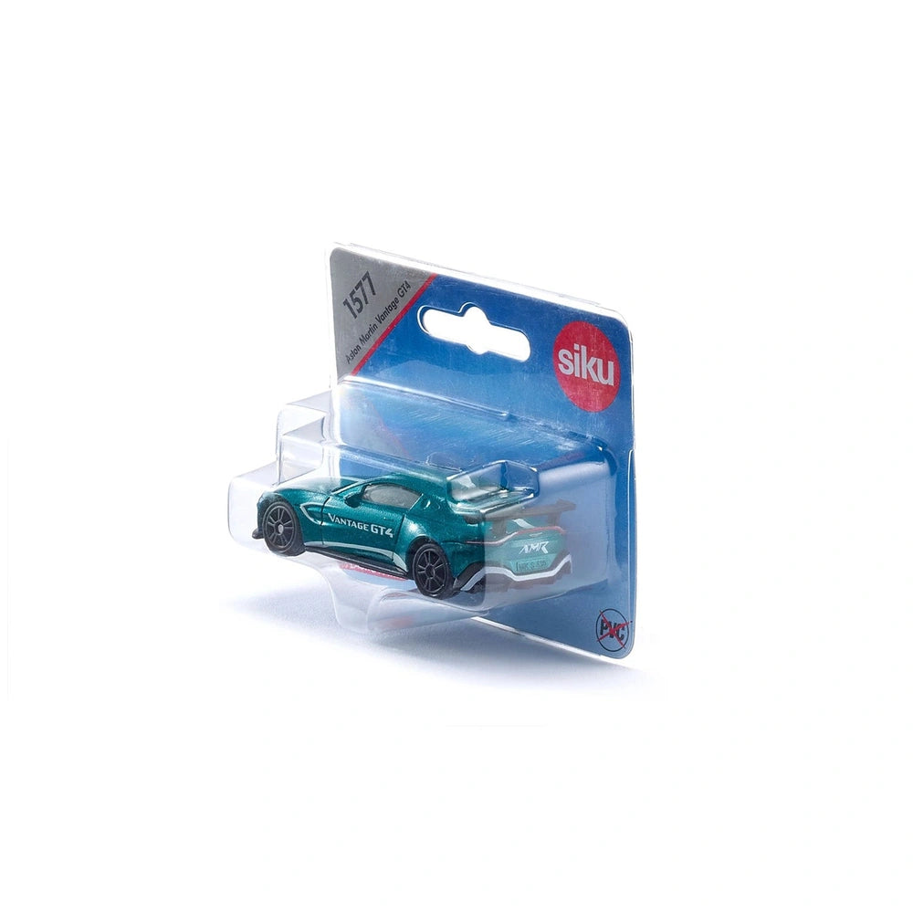 Siku Aston Martin Vantage GT4 toy car in green, displayed in a blue blister pack with clear plastic window and matte backing.