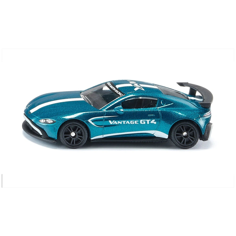 Siku Aston Martin Vantage GT4 toy car in blue with white and black accents, featuring a glossy finish and sleek design.