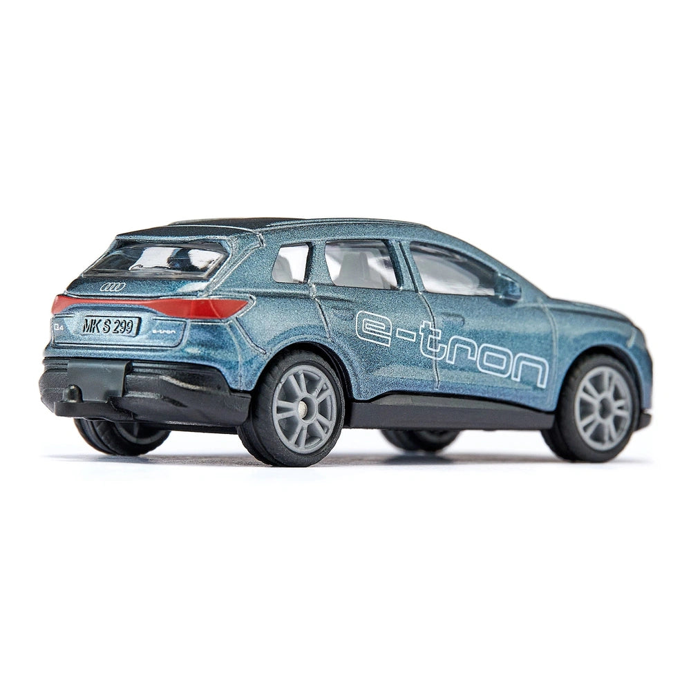 Siku Audi Q4 e-tron toy car in dark blue with silver accents, glossy finish, and detailed features against a white background