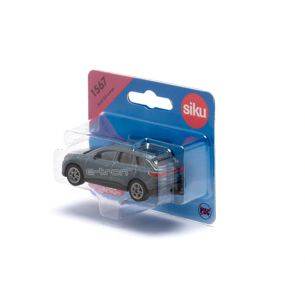 Siku Audi Q4 e-tron model car in black with silver accents, displayed in a clear plastic blister pack with blue background.