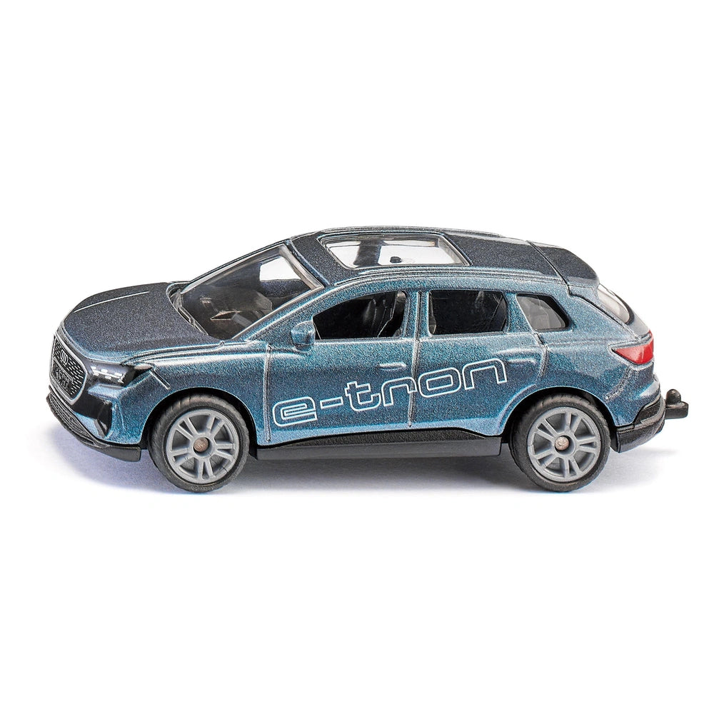 Siku Audi Q4 e-tron toy car in blue with glossy finish, silver wheels, and black roof against a white background.