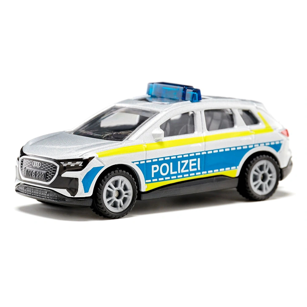 Audi Q4 police emergency vehicle toy with white body, blue and yellow accents, and "POLIZEI" text on the side.
