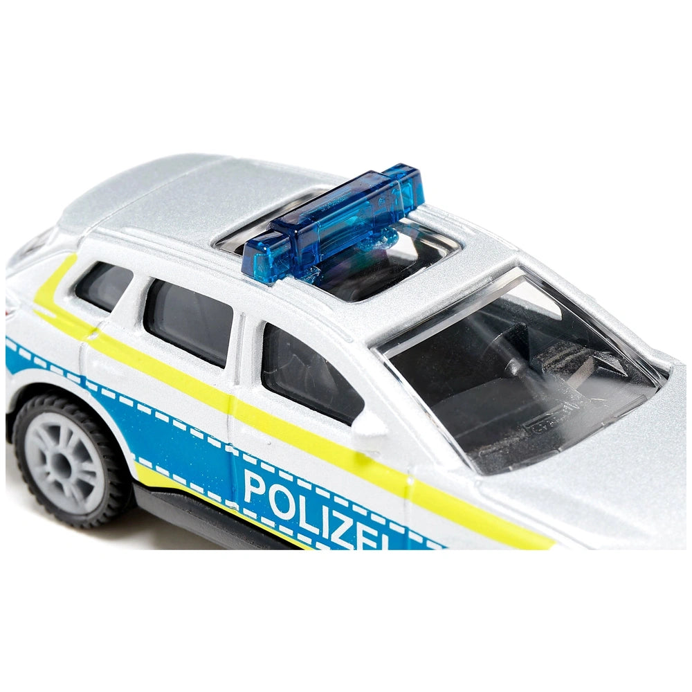 Audi Q4 police emergency vehicle toy car features a glossy white body with blue and yellow stripes and a blue light on top.