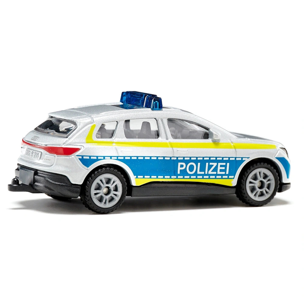 Siku Audi Q4 Police emergency vehicle toy car features a glossy white body with blue and yellow accents and "POLIZEI" text.