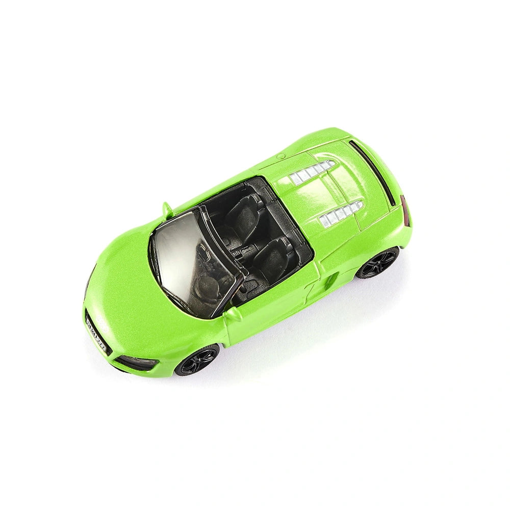 Siku Audi R8 Spyder model in vibrant lime green with a glossy finish, showcasing its sleek design against a plain background.