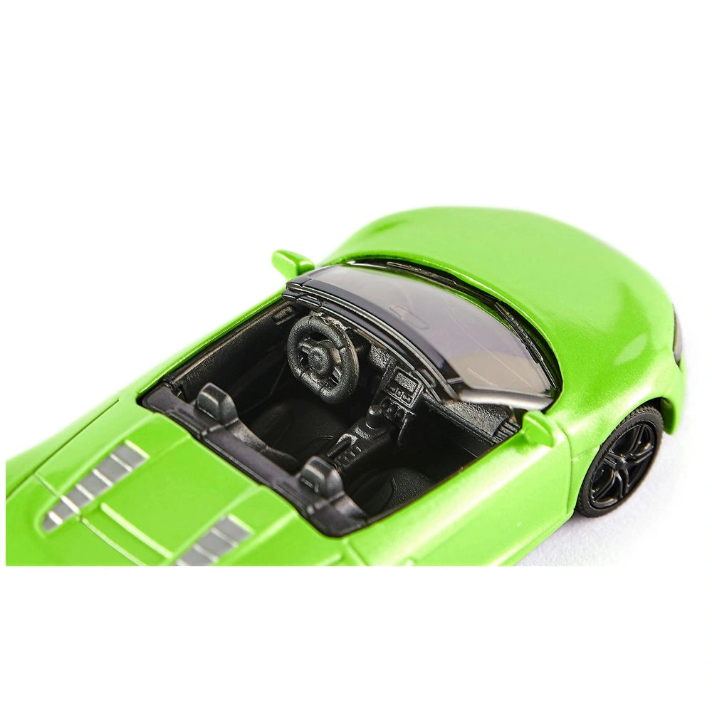 Siku Audi R8 Spyder toy car in green with black accents, showcasing an open hood and detailed interior against a white backgr