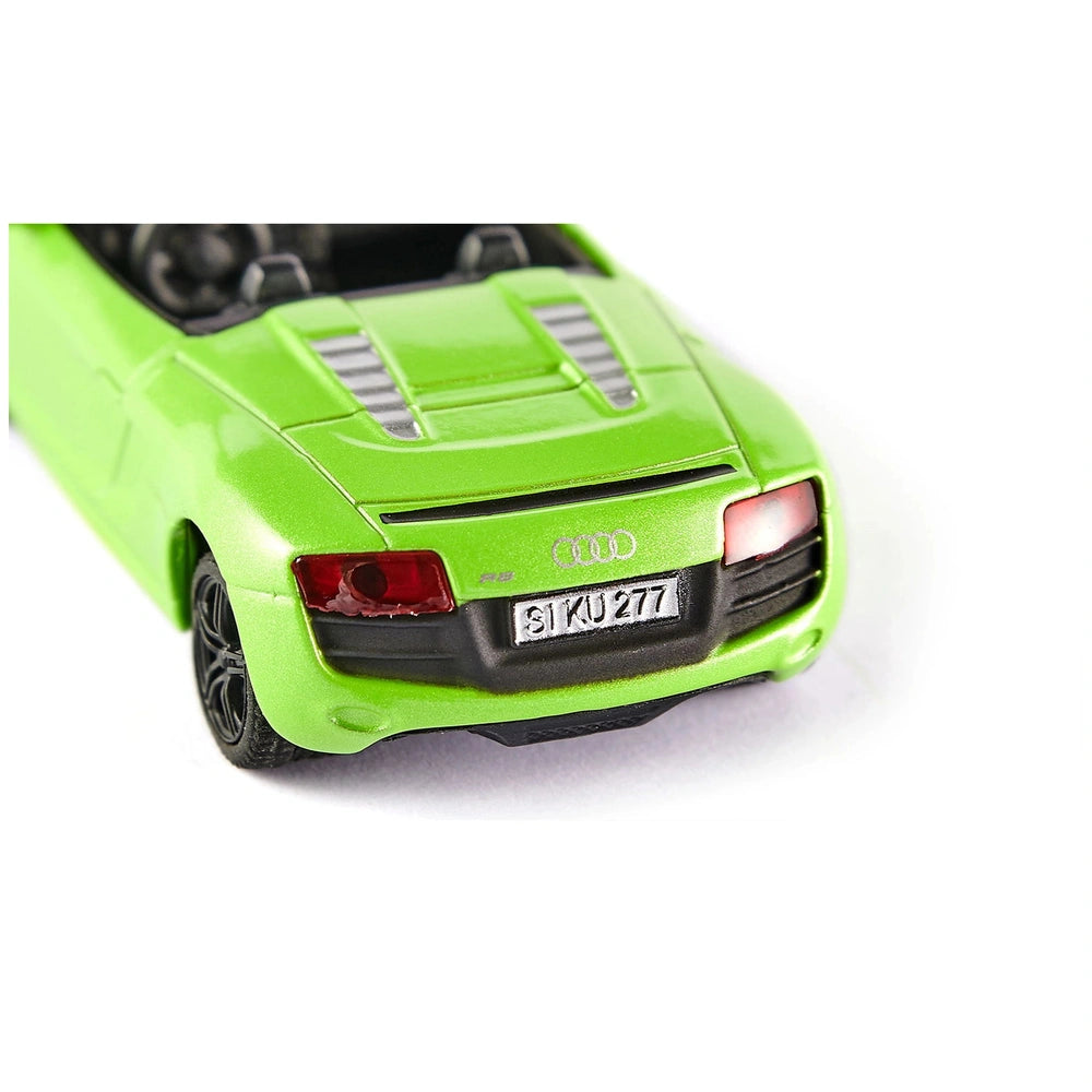 Siku Audi R8 Spyder toy car in glossy green with black accents, featuring a white license plate reading "SKU 277."