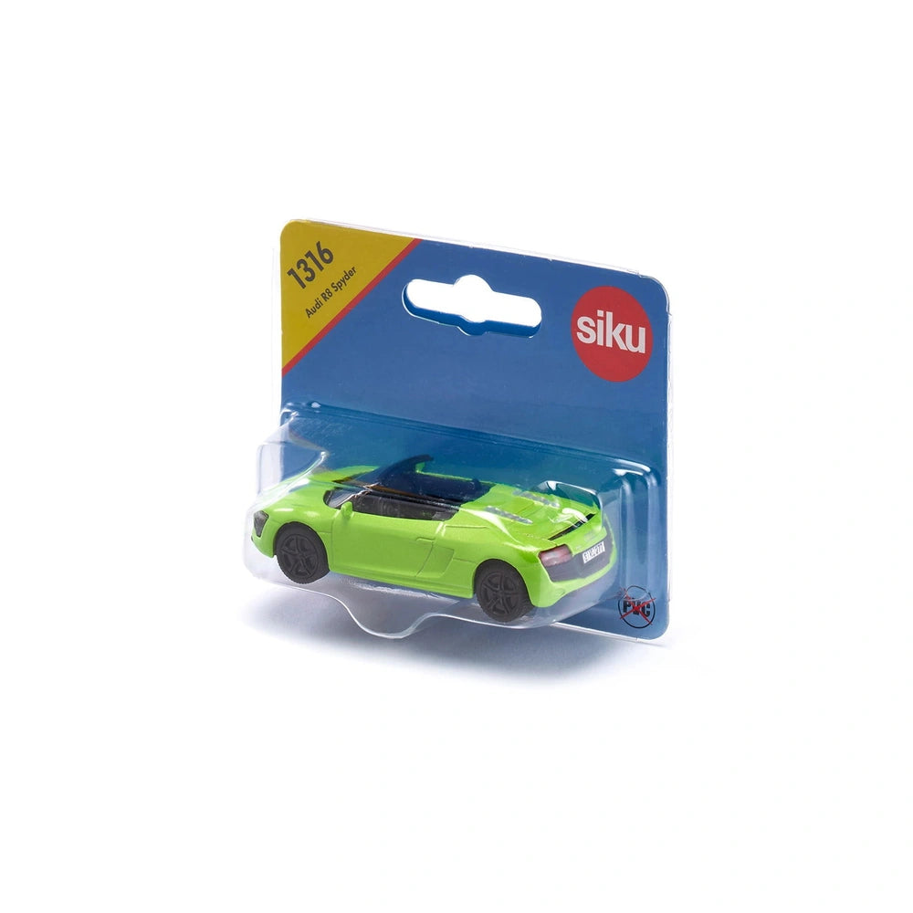 Siku Audi R8 Spyder toy car in green with black accents, displayed in a blue packaging with a yellow label.