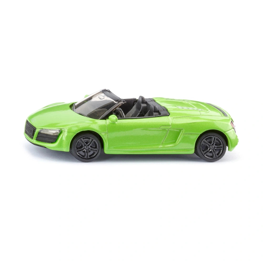 Siku Audi R8 Spyder toy car in bright green with a glossy finish, convertible top down, displayed against a light background.