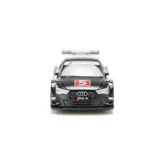 Siku Audi RS5 Racing model in glossy black with red and white accents, showcasing detailed features against a light backgroun