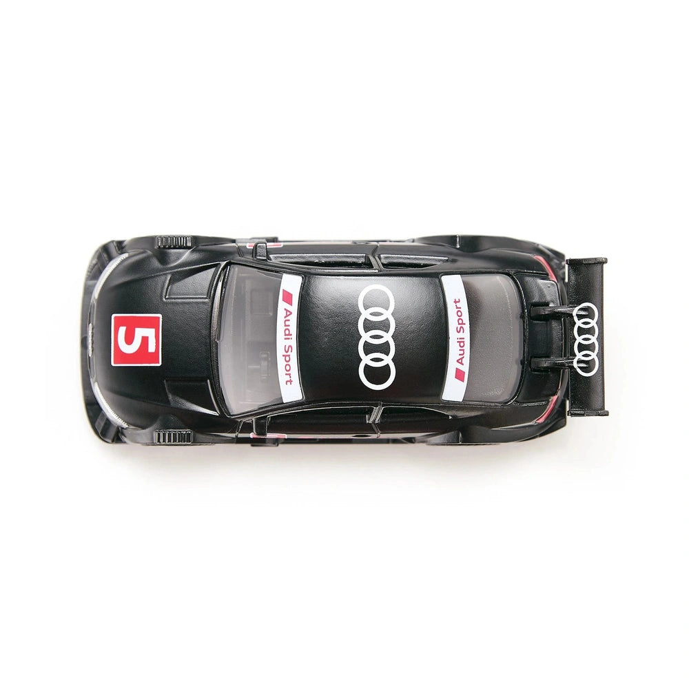 Siku Audi RS5 Racing model in glossy black with a prominent white and red Audi logo, showcasing smooth curves and chrome whee