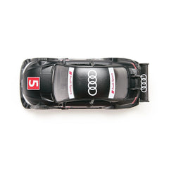 Siku Audi RS5 Racing model in glossy black with a prominent white and red Audi logo, showcasing smooth curves and chrome whee