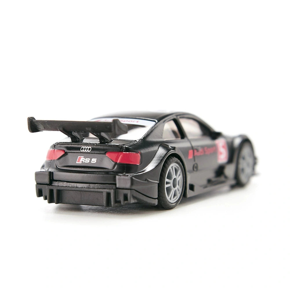 Siku Audi RS5 Racing model car features a glossy black finish with red accents, prominent rear wing, and detailed components.