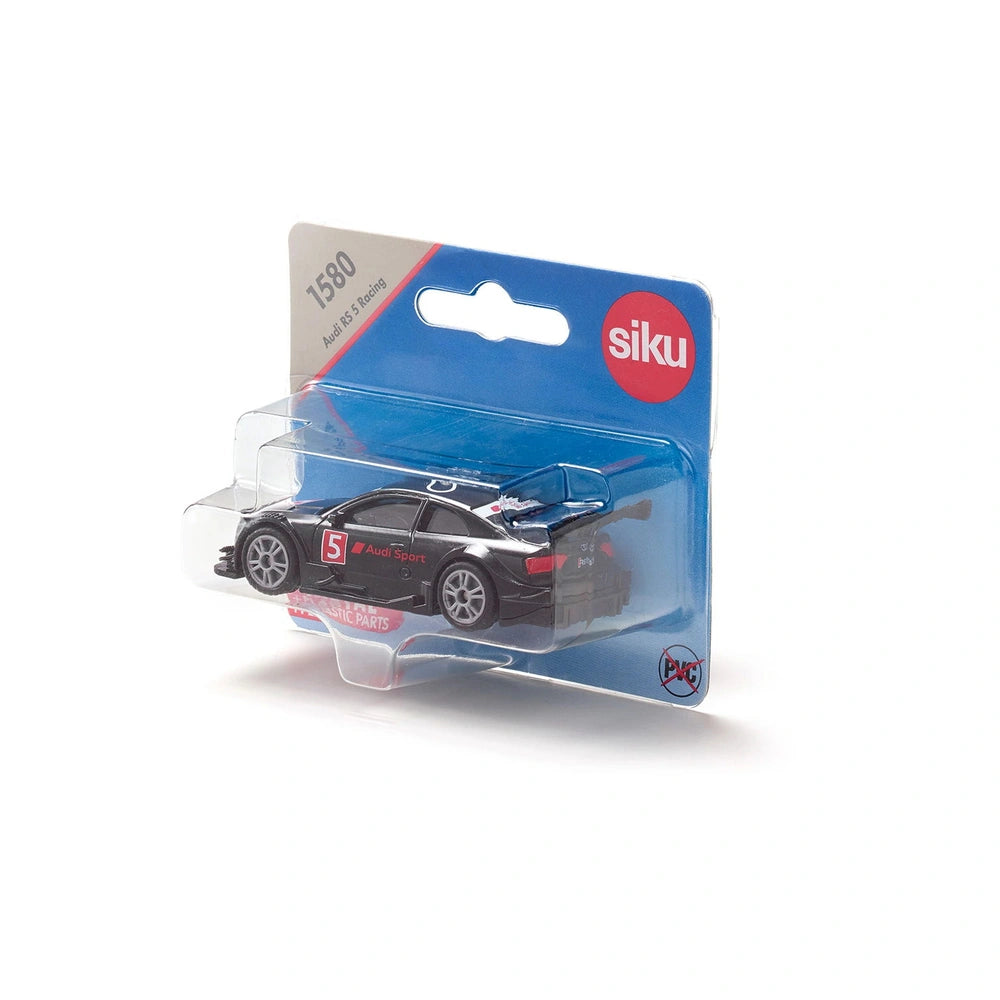 Siku Audi RS5 Racing toy car model in black with red accents, displayed in a clear blister pack on a blue background.