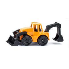 Siku backhoe loader toy in orange and black, featuring a glossy finish and positioned to suggest motion on a light background