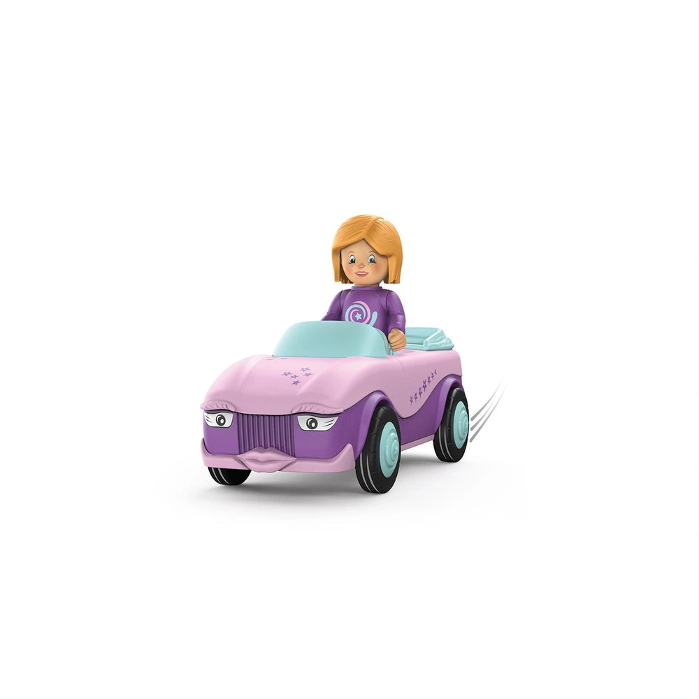 Betty Blinky, a young girl with blonde hair in a purple top, sits in a vibrant purple toy car with a blue grille.