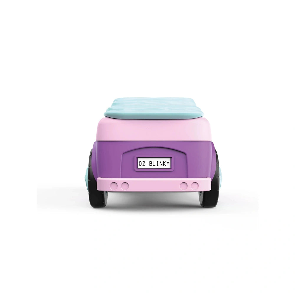 Siku Betty Blinky toy vehicle features a pink body, light blue top, black wheels, and a license plate reading "02-BLINKY."