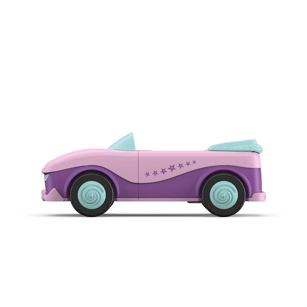 Three-wheeled toy vehicle in pink and purple with blue wheels, featuring a playful design and smooth plastic finish.