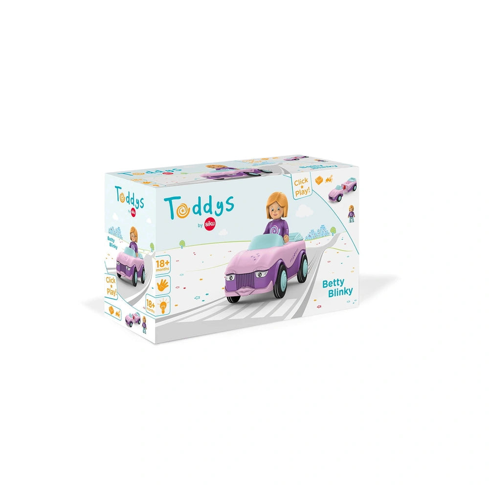 Siku Betty Blinky construction set box features a cartoon girl in a pink car on a road, with playful text and pastel colors.