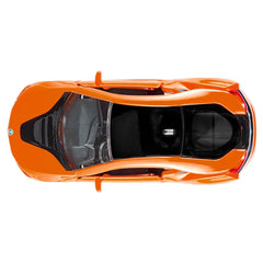 Siku BMW i8 LCI in glossy orange showcases its open trunk and rear design against a plain white background.