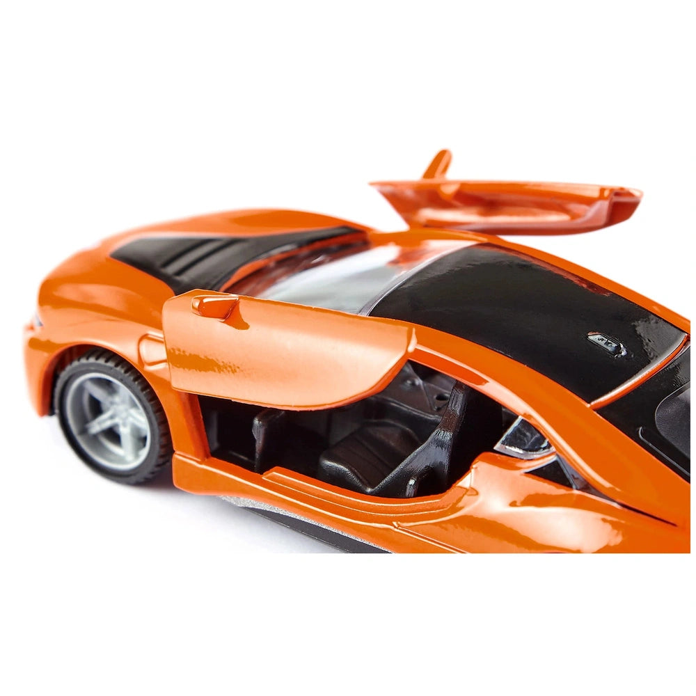 Siku BMW i8 LCI toy car in glossy orange with black interior, displayed against a white background.