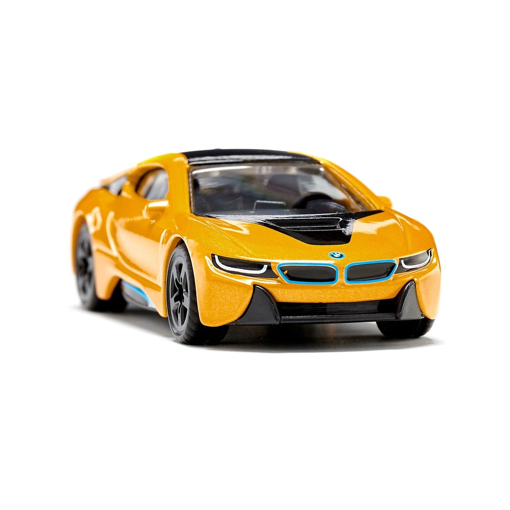 BMW i8 model car in glossy yellow with black roof and blue accents, showcasing sleek design and multi-spoke wheels.