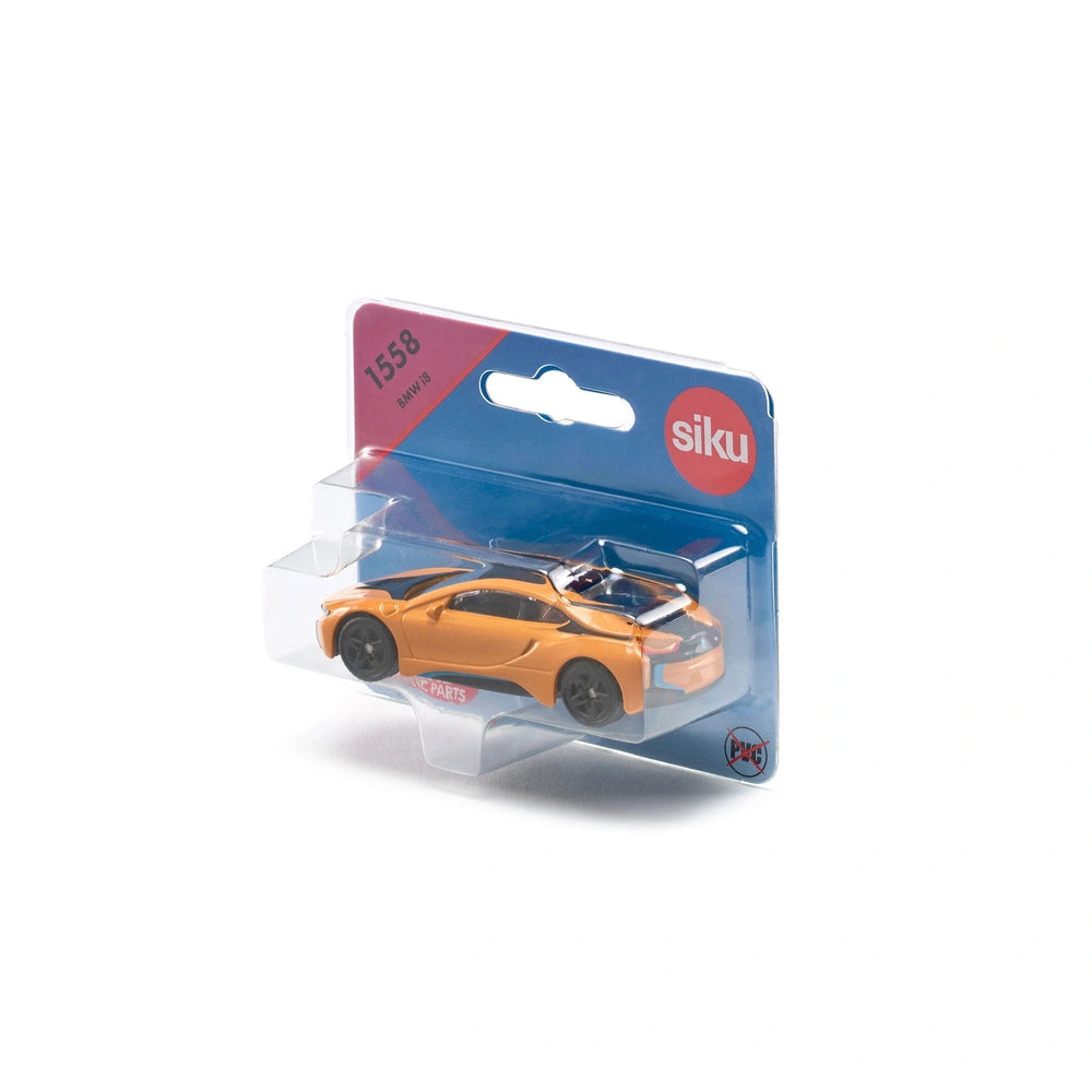 Siku BMW I8 toy car in orange packaging, featuring a glossy finish and positioned centrally with visible branding.