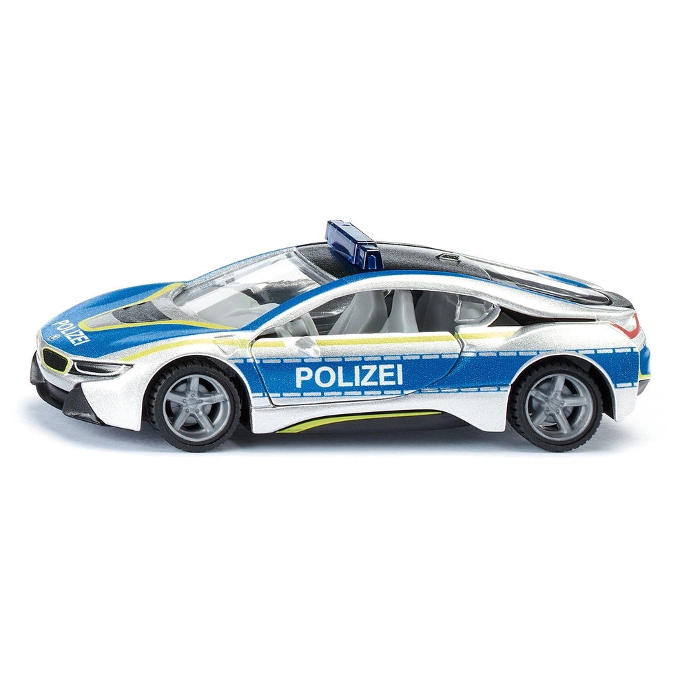 Siku BMW i8 police toy model features a glossy white body with blue and yellow accents and "POLIZEI" displayed prominently.